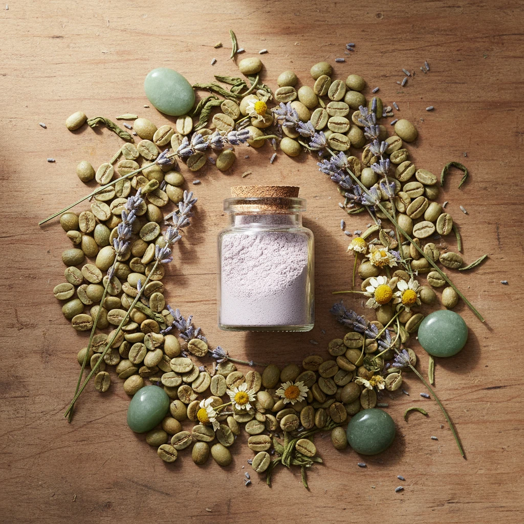 Flat lay of natural botanical ingredients including green coffee beans and dried herbs used in plant extract supplements