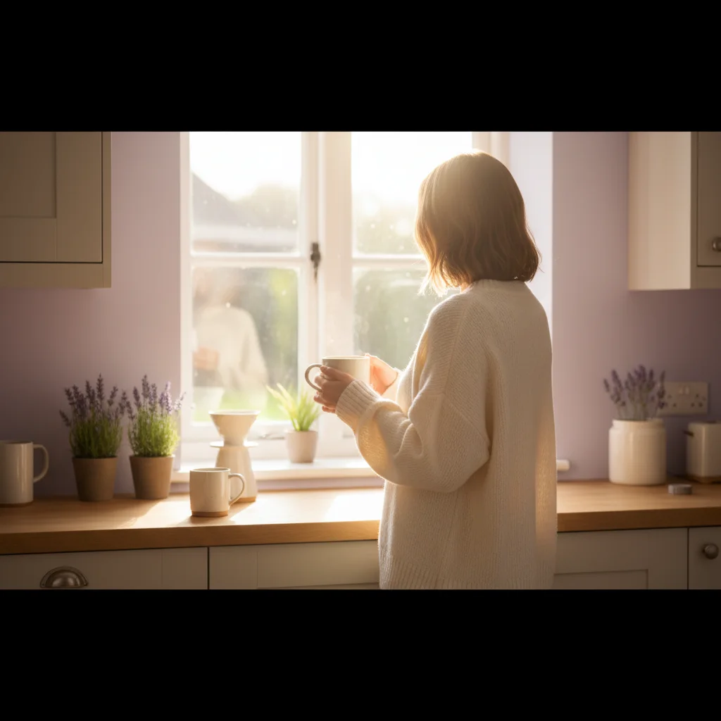 Anonymous person at a kitchen window enjoying a morning warm drink as part of their daily wellness routine