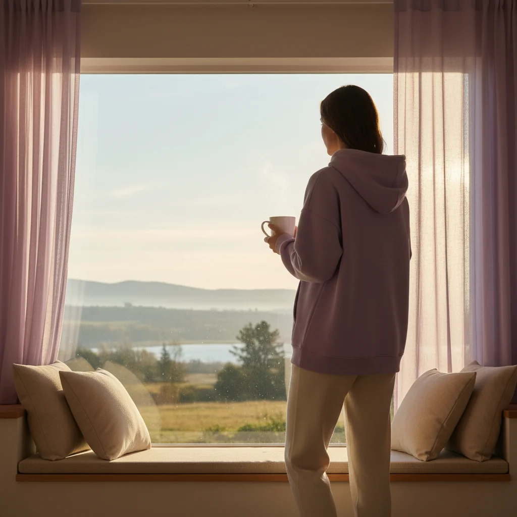 Anonymous person looking out a sunny window in a relaxed morning atmosphere with a warm drink