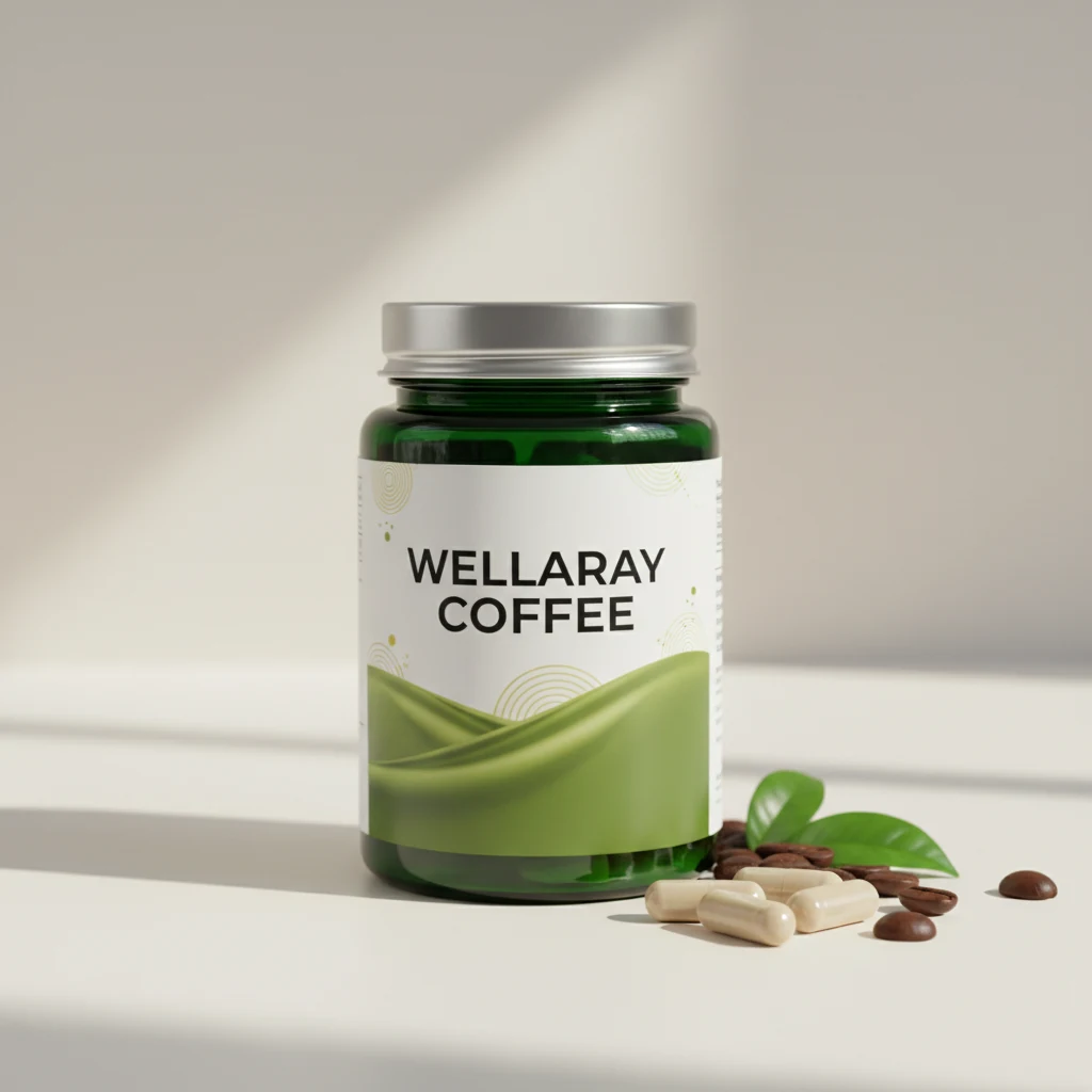 Wellaray Coffee dark navy supplement box with bold white and gold lettering, Food Supplement label, 20 sachets